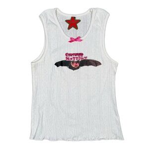 White Graphic Pointelle Tank Top with Pink Bow Accent